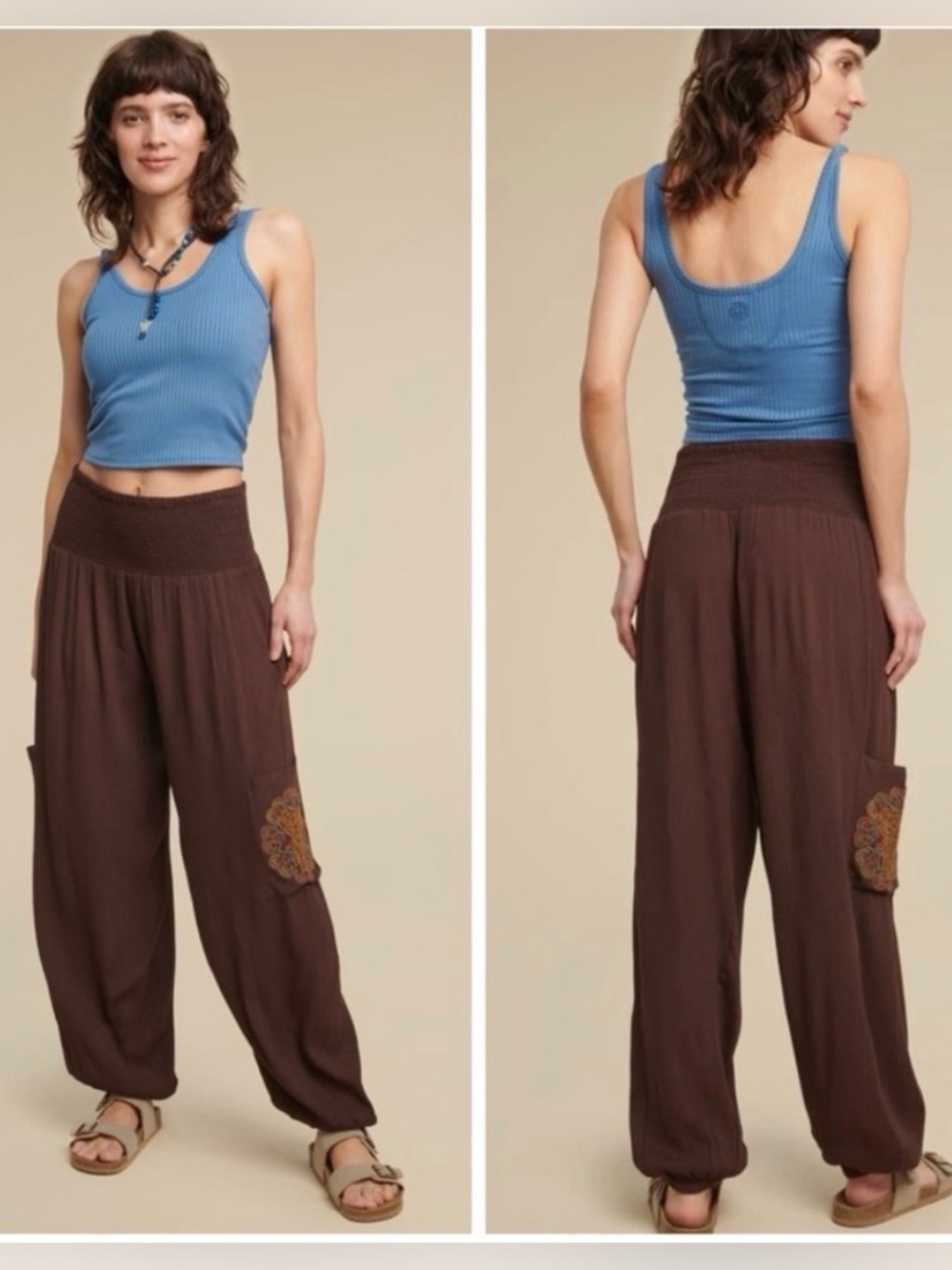 Earthbound Co Embroidered Elephant Harem Pants Cargo Boho Brown Size Large comfy